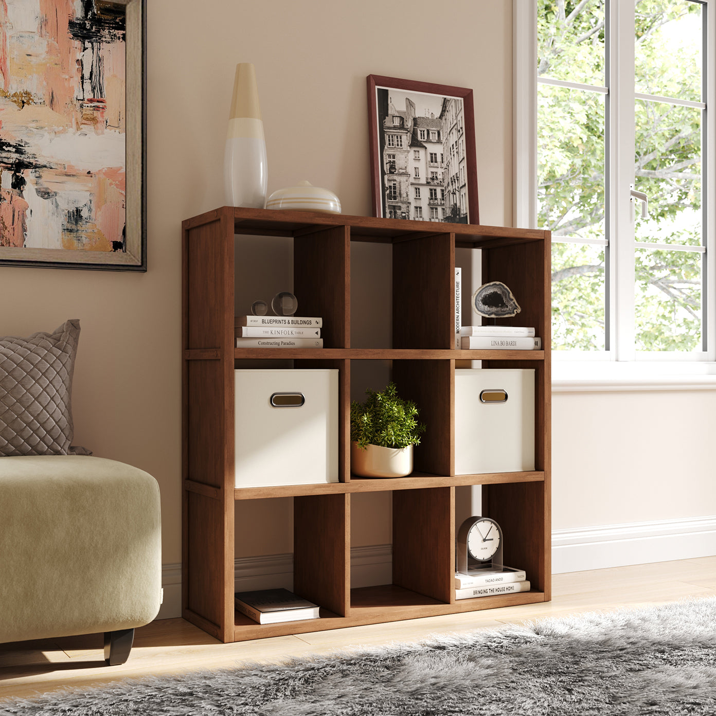 chestnut 9 cube organizer displaying decor in family room