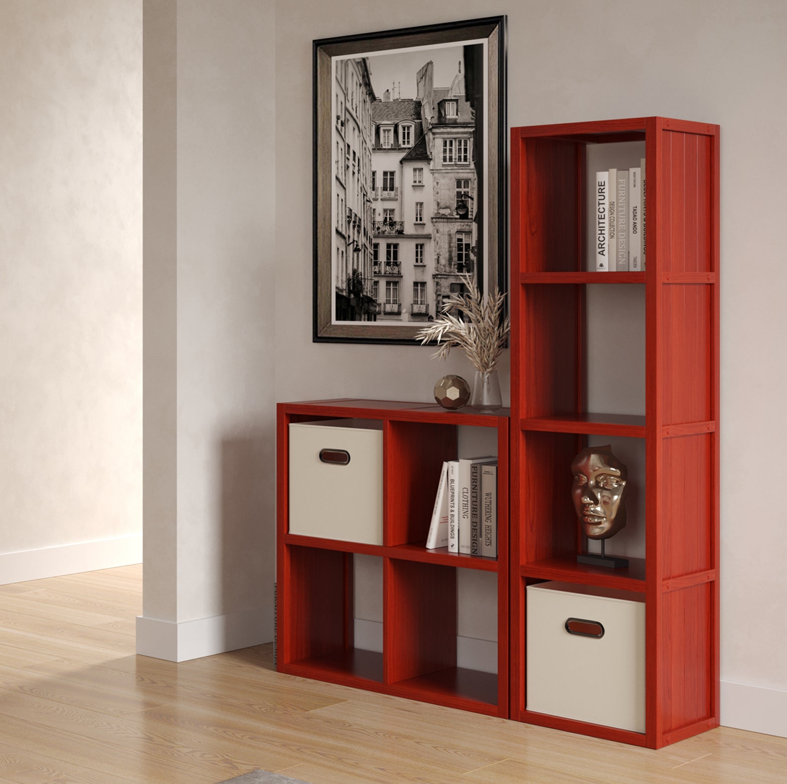 multiple red mahogany cube organizer in living room