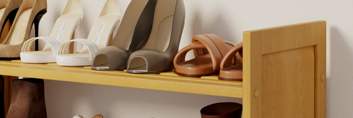closeup of the honey maple John Louis Home stackable shoe and shelving rack 