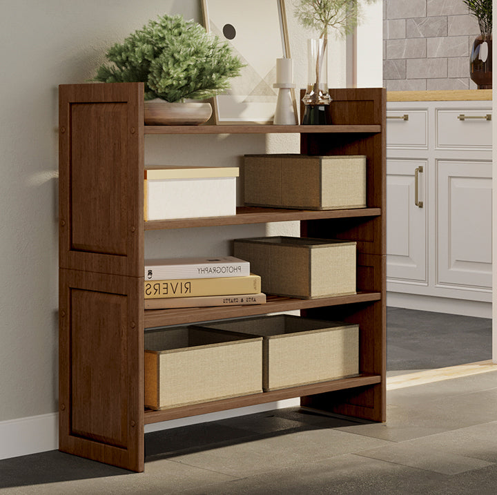chestnut 2 tiered John Louis Home stackable shoe and shelving rack used to display decor in a hallway 