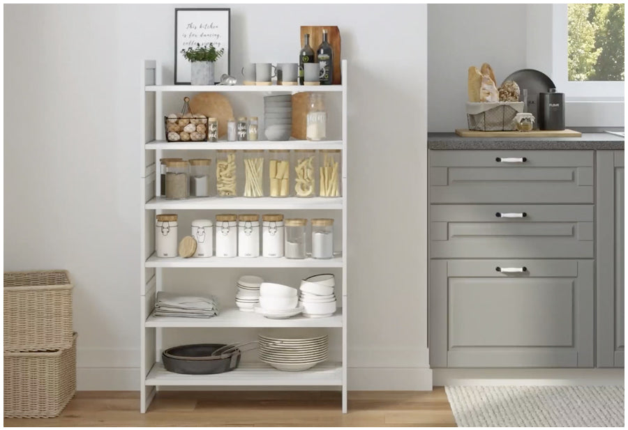 3 tiered shtackable shelving rack used to organize kitchen items in a small alcove