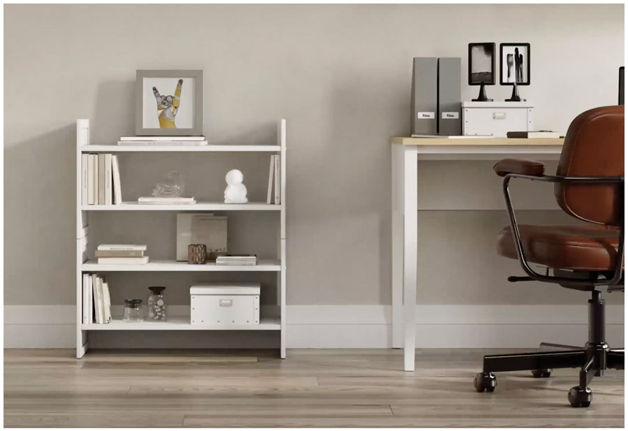 2 tiered stackable shelving rack used to organize everyday items in a home office