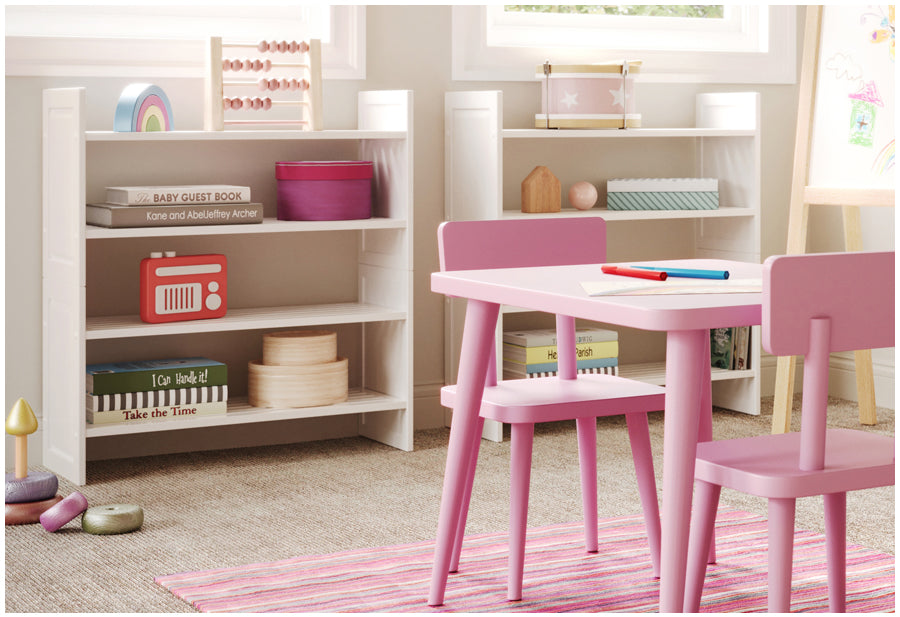 two 2 tiered stackable shelving racks organizing kids toys, crafts and books in a playroom