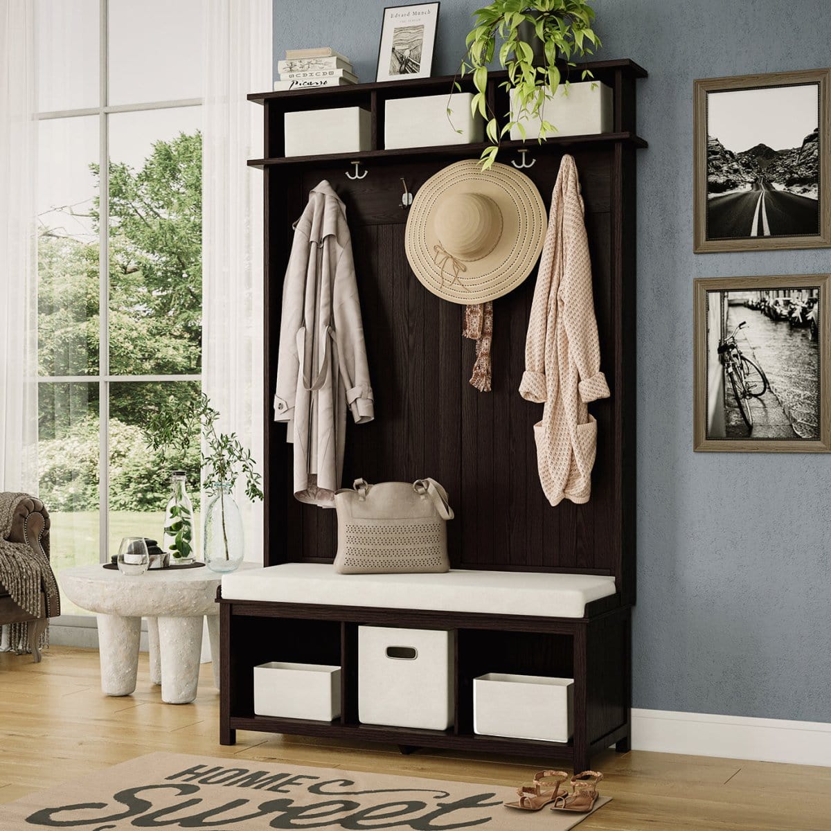 Solid Wood Hall Tree Entryway Bench with 1 Bin & 2 Shoe Dividers - John Louis Home - Hall Trees